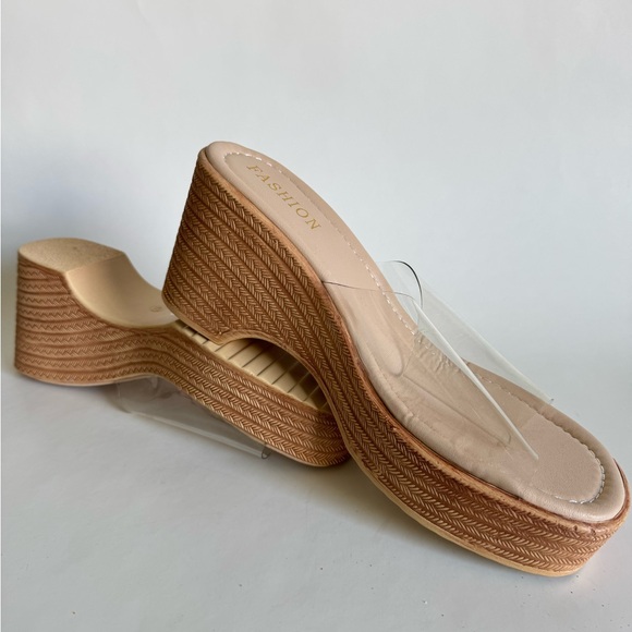SL Fashions Tan Wedge Sandals with Clear Strap - Picture 2 of 2